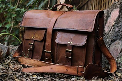 SGH 16" Inches Classic Adult Unisex Cross Shoulder 100% Genuine Leather Messenger Laptop Briefcase Bag Satchel Brown
