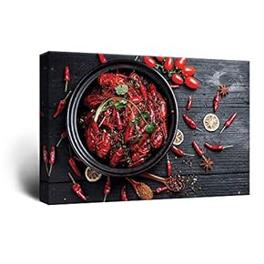 Red Lobsters and Chili Peppers on Wood Background