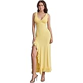 SHENHE Women's Sexy V Neck Ruffle High Slit Sleeveless Bodycon Maxi Party Prom Long Dress