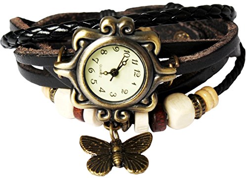 Bohemian Style [Retro] Handmade Leather [Butterfly Pendant] Wrist Watch. Beautiful, Fashionable [Luxury] & Stylish [Weave Around] Wrap Watch Bracelet For Women, Ladies, Girls- Black - Thumbnail 4