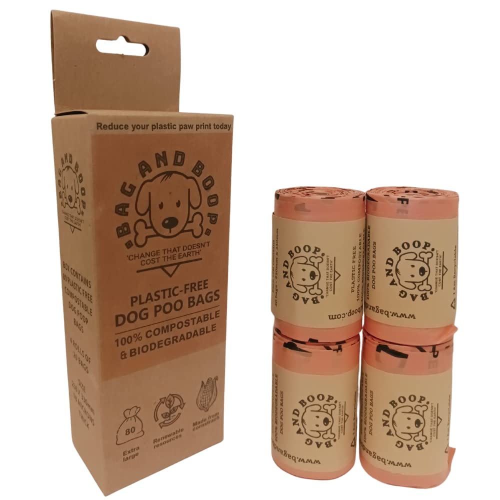 Compostable Dog Poop Bags - 80 Pet waste bags for cats and dogs (4 rolls of 20 Bags).