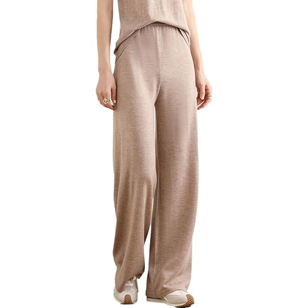 Hdhdeueh Womens Solid Rib Side Slit Wide Leg Pants Knitted Elastic