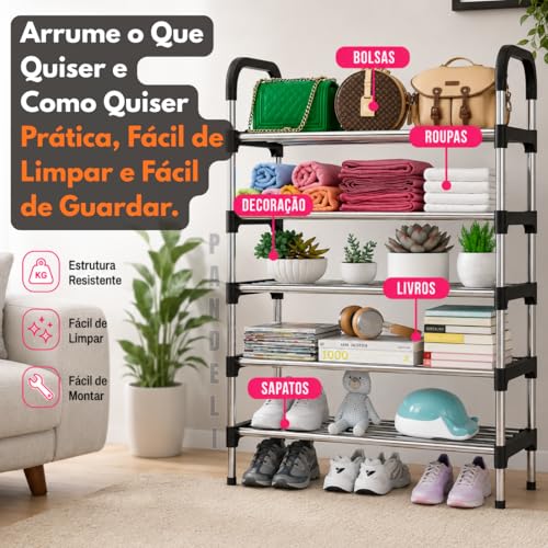 Sapateira Organizadora 5 Andares, Prateleira Multiuso, Estante Hall de Entrada, para Sapatos, Livros, Brinquedos e Acessórios, Preta