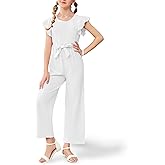 UK loees Girls Jumpsuit Summer Kids Casual Fashion Ruffle Cap Sleeve Belted Wide Leg Rompers One Piece Outfits White