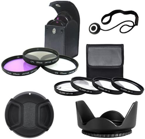 77mm 4 piece high definition Close-Up filter set - 77mm Multi-Coated 3 Piece Filter Kit (UV-CPL-FLD) - Snap-On Lens Cap - Lens Cap Keeper - Xit XT62HLH 77mm Hard Tulip Shaped Lens Hood (Black)
