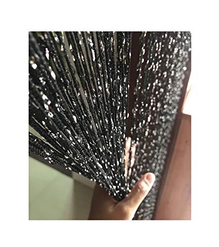 Eyotool 1x2 M Door String Curtain Rare Flat Silver Ribbon Thread Fringe Window Panel Room Divider Cute Strip Tassel for Wedding Coffee House Restaurant Parts, Black