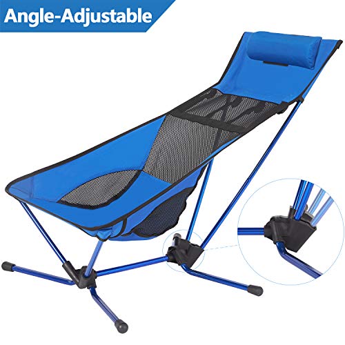 Lightweight Folding Angle-Adjustable Beach Camping Chair with Headrest, Compact for Backpacking Picnic Beach Festival Hiking -with Carry Bag-Max Load Bearing: 300LB,Blue