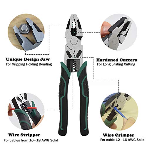 9-Inch Linesman Pliers Multi-function Combination Pliers with Professional Handle| High Leverage Design| Chrome Vanadium Steel Forged| for Gripping, Crimping, Side Cutting and 10-18 AWG Wire Stripping