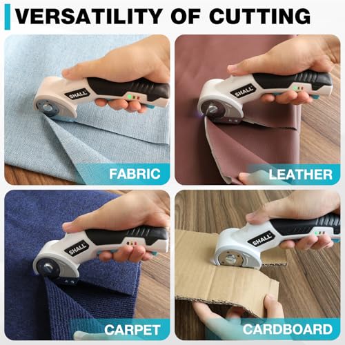 SHALL 4V Cordless Electric Scissors with Safety Lock, LED Light and Replacement Blade - Rechargeable Rotary Cutter for Fabric, Leather, Carpet, Cardboard and Plastic