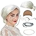 qnprt Old Lady Costume Characters Set - Old Lady/Mrs. Santa Wig, Madea Granny Glasses, Eyeglass Chains Holder and Cords Strap,FauxPearl Beads Choker Necklaces (Style-3)