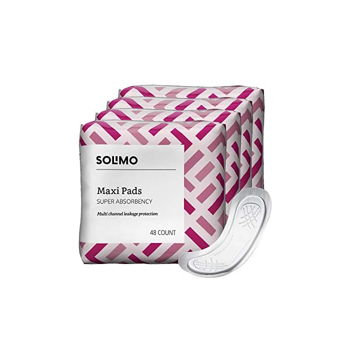 Amazon Brand - Solimo Thick Maxi Pads for Periods, Super Absorbency, Unscented, 192 Count, 4 Packs of 48