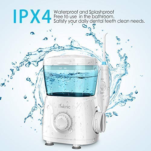 iTeknic Water Dental Flosser Electric Oral Irrigator for Teeth Clean with 1m Imported Soft Hose, 600ml Capacity, 7 Multifunctional Jet Tips , 10 Stepless Water Pressure Flosser for Family, FDA Approved