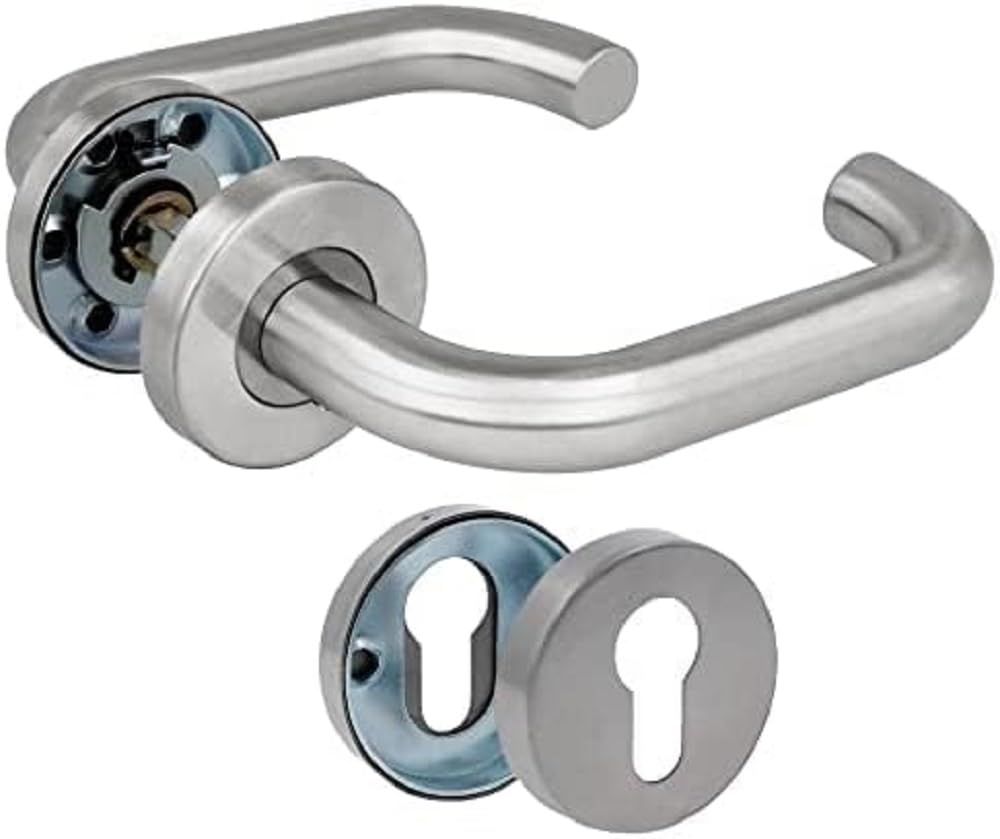 Amig - Set of Handles with Rosette for Doors - Model 3RBX - 140 x Ø19 mm - 8 mm Square - Elegant and Simple Design - Matte Silver Stainless Steel