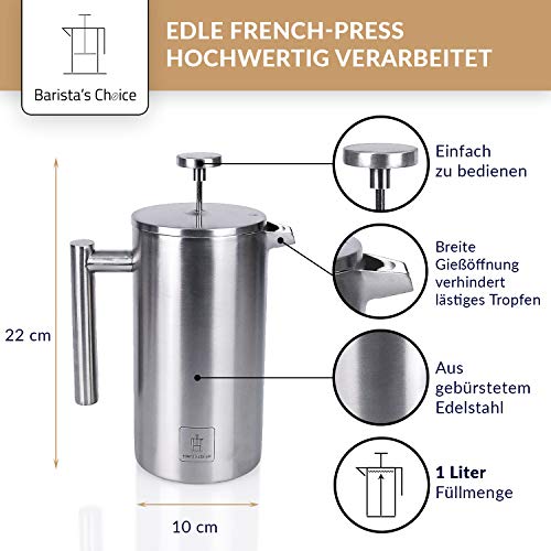 Barista's Choice French Press (max. 1 Liter) - hochwertiger Kaffeebereiter aus Edelstahl im edlen Design… – Bild 2