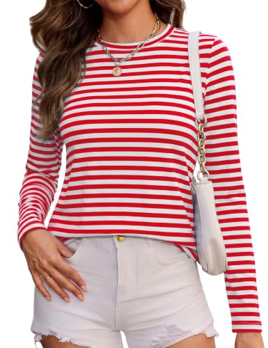 Totatuit Womens Striped Long Sleeve Shirts Cotton Crew Neck Casual Tops at Amazon