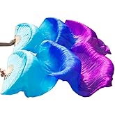 Belly Dance Faux Silk Veil Fans, 1 Pair (Left+Right) Faux Silk Bamboo Long Fans Veils, Handmade Belly Dance Dancing Silk Fans, Dance Performance