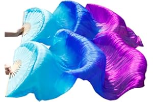 SNOWAQUA Belly Dance Faux Silk Veil Fans, 1 Pair (Left+Right) Faux Silk Bamboo Long Fans Veils, Handmade Belly Dance Dancing Silk Fans, Dance Performance