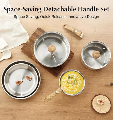 KOCH SYSTEME CS 7 Piece Stainless Steel Cookware Set, Stainless Steel Pots and Pans Set with Detachable Handle, Cooking Pan Set with Wood-grain Handle, Induction Compatible, Dishwasher & Oven Safe