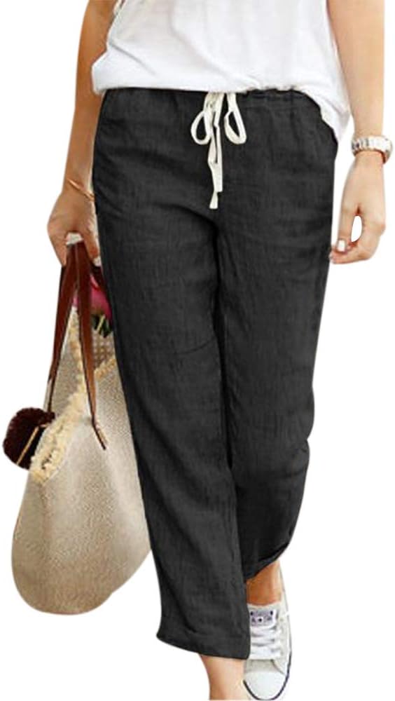 papasgjx Women Wide Leg Pants Drawstring Palazzo Pants Elastic Waist Pants with Pockets