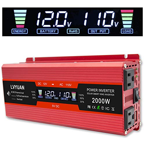 Cantonape 1000W/2000W(Peak) Car Power Inverter DC 12V to 110V AC Converter with LCD Display Dual AC Outlets and Dual USB Car Charger for Car Home Laptop Truck (Red)