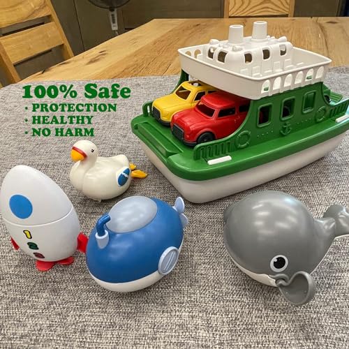 OKGIUGN Ferry Boat with 4 Car and 4 Wind Up Bath Swimming Toys, Kids Bath Toy Floating Vehicle Whales Submarines Swans Rockets, Bathtub Bathroom Pool Beach Toy Set for Toddlers Boys Girls