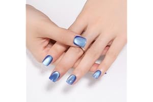 Stbisen Blue Press on Nails Short Square, Cat Eye Press on Nails, Fashion Gel Fake Nails, Reusable Acrylic Fake Nails, Glossy Stick on Nails for Women Girls Gift, Glue on Nails Kit, Ice Blue