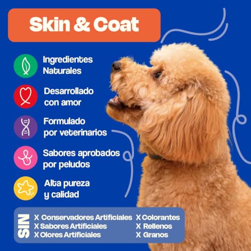 Dogelthy Skin & Coat. Suplemento para Piel y Pelaje para Perro Hecho a Base de Aceite de Pescado, Vitamina C/E, Complejo B, Zinc y más. Complemento para Croquetas o Dieta Barf Sabor Cerdo 270g