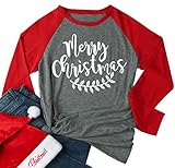 MNLYBABY Women Merry Christmas Leaf Baseball T-Shirt Long Sleeve Letters Print O-Neck Casual Tees size US S/Tag M (Gray)