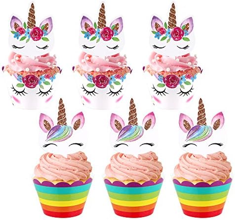 Eligara Unicorn Cupcake Toppers &amp; Wrappers Include 12 Cake Toppers and 12 Cake Wrappers Double-Sides Cake Decorations For Birthday, Wedding, Baby Shower, Graduation Party With 3 Decorating Nozzles