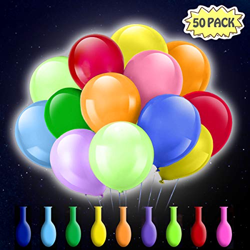 50 Pack LED Light Up Balloons, Zodight 9 Colors Flashing Lights Glow Latex Balloons for Party Birthday Wedding Festival Decorations, Fillable with Helium or Air