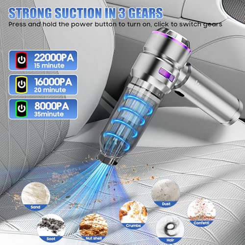 Furnetra 4 in 1 Handheld Vacuum Cleaner, 22000 PA, Cordless Car Vacuum Cleaner, 3 Speeds 200000 RPM, Brushless Motor for Car, PC, Office, Sofa and Pet Hair