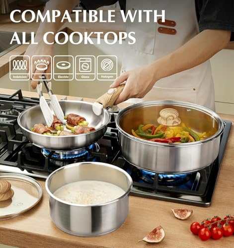 KOCH SYSTEME CS 7 Piece Stainless Steel Cookware Set, Stainless Steel Pots and Pans Set with Detachable Handle, Cooking Pan Set with Wood-grain Handle, Induction Compatible, Dishwasher & Oven Safe