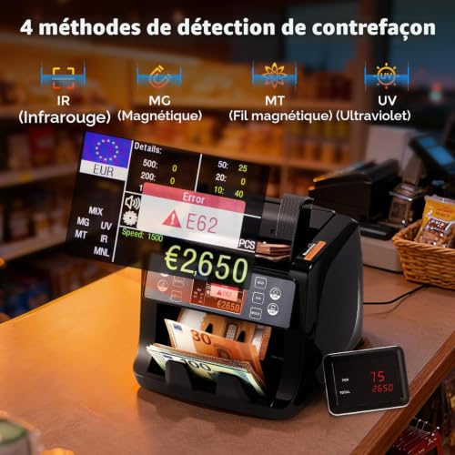 Bonvoisin Banknote Counting Machine, Totalises Mixed Banknotes EUR | 1500 Banknotes/Min, UV/IR/MG/MT Detection, Sorting, Batch And Add, HD TFT Screen, For Banks And Businesses.