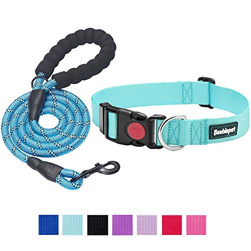 beebiepet Classic Nylon Dog Collar with Quick Release Buckle Adjustable Dog Collars for Small Medium Large Dogs with a Free 5 ft Matching Dog Leash (M Neck 14″-19″, Turquoise)