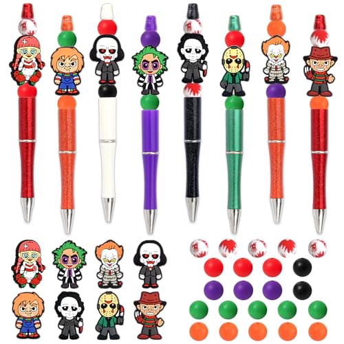 Uywgaun 8Pieces Halloween Beadable Pens Kit Horror Silicone Focal Beads for Pens DIY Ballpoint Pen Beadable Items - DIY Making Kit for Women Men Gift Office Supplies