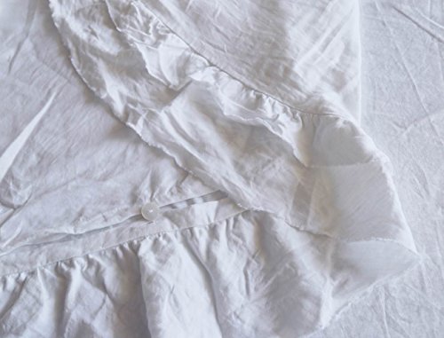 MEADOW PARK Stone Washed Pure Linen Duvet Cover Set 3 Pieces, Queen Size - 90 inches x 94 inches - Shams 20 inches x 26 inches, Double Ruffled Style - Corner Ties - Super Soft, White
