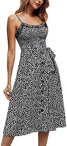HunYUN Women Sleeveless Adjustable Strappy Casual Print Dresses Summer Beach Casual Button Dress Sleeveless Loose Party Mini Dress A-Line Swing Casual Party Cocktail Dresses
