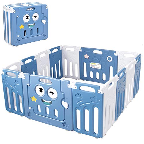Costzon Foldable Baby Playpen, 14-Panel Play Yards with Lock Door & Anti-Slip Rubber Bases, Indoor Outdoor Safety Baby Fence with Adjustable Shape for Children Toddlers (14 Panel, Blue + White)