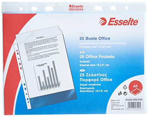 Esselte Buste Perforate Office, in PPL Antiriflesso, per Archiviare e Conservare Documenti in Formato A5, Confezione da 25 Buste, 395612200