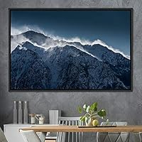 Framed Canvas Wall Art Snow Mountain Cool Expressive Farmhouse/Country Landscape Mountain Top Multicolor Photography Portrait Realism - 16x24 inches