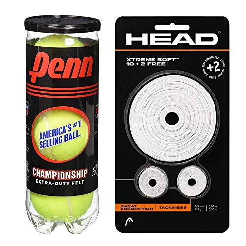 Penn Championship Extra Duty Tennis Ball Starter Set or Kit Bundled with (1) 12-Pack of Head Xtreme Soft White Tennis Overgrips (Great Stocking Stuffers)