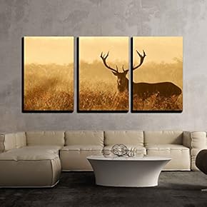 3 Piece Canvas Wall Art - Red Deer Stag Silhouette - Modern Home Art Stretched and Framed Ready to Hang - 16"x24"x3 Panels