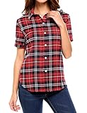 Elever Women Short Sleeve Classic Button Down Slim Fit Plaid Blouse Shirt