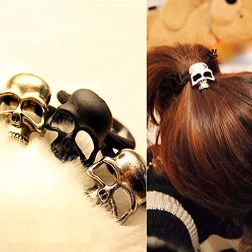 OPCC Pack of 6 Women's Retro Punk Fashion Metallic 3D Skull HairBand Rope Tie Wrap Ponytail Holder( Bronze,Black &amp; Silver))