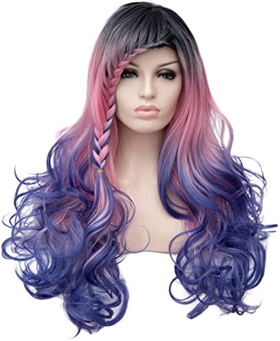 OYIXU 70cm 27.5" Pink Blue Highlights Lolita Fluffy Cosplay Braid Curly Long Hair Wig