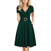 Women's Elegant Criss-Cross V Neck Vintage Short Sleeve Work Casual Fit and Flare Tea Dress with Pockets 980