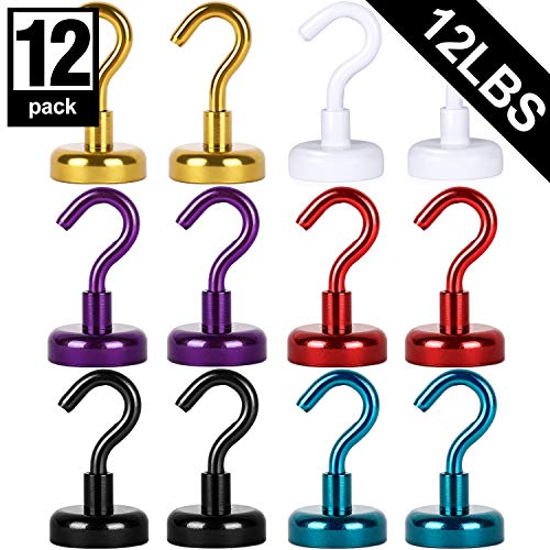 AmHoo Strong Magnetic Hooks Heavy Duty for Indoor Outdoor Kitchen Refrigerator Grill Tools Door Coat Hook Grill Utensils Metal Hanger (Mix Colors,12PCS, 12 LBS)