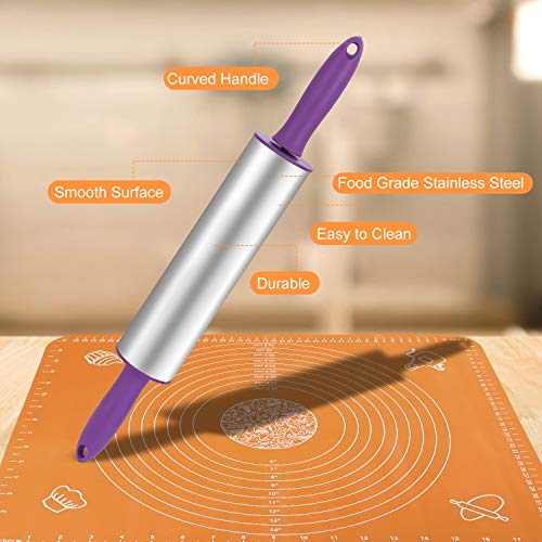 Rolling Pin, Stainless Steel Dough Roller, Pastry Mat, Dough Cutter Set for Baking, Cooking Cookie, Pie, Pasta, Pizza (3 Pieces)