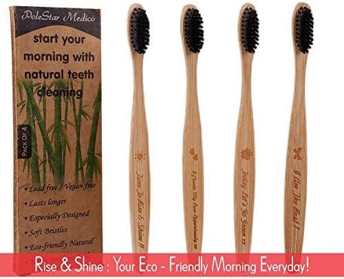 Bamboo Toothbrushes Medium Soft Bristles with Charcoal Infused | Zero Waste Packaging | Family Pack of 4 | Eco Friendly Bamboo Toothbrush| Natural Vegan BPA Free Biodegradable and Natural Dental Care