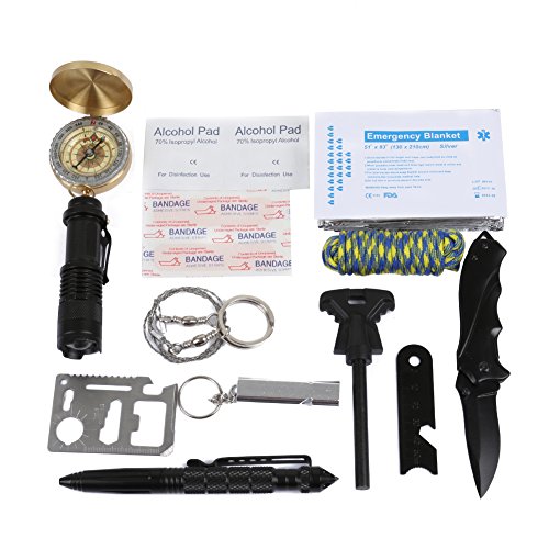 HCF Emergency Survival Kit,13 professional emergency rescue devicewith, Wilderness,Trip,Cars, Hiking,Camping gear,Wire Saw, Emergency Blanket, Flashlight, Tactical Pen, Water Bottle Clip,compass